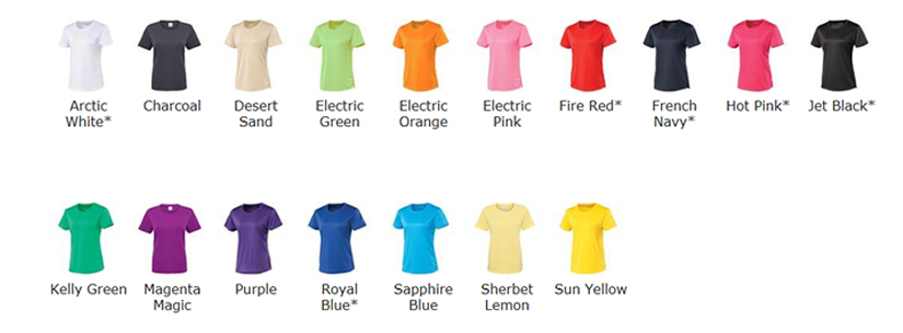 Female Technical T Shirt Colours